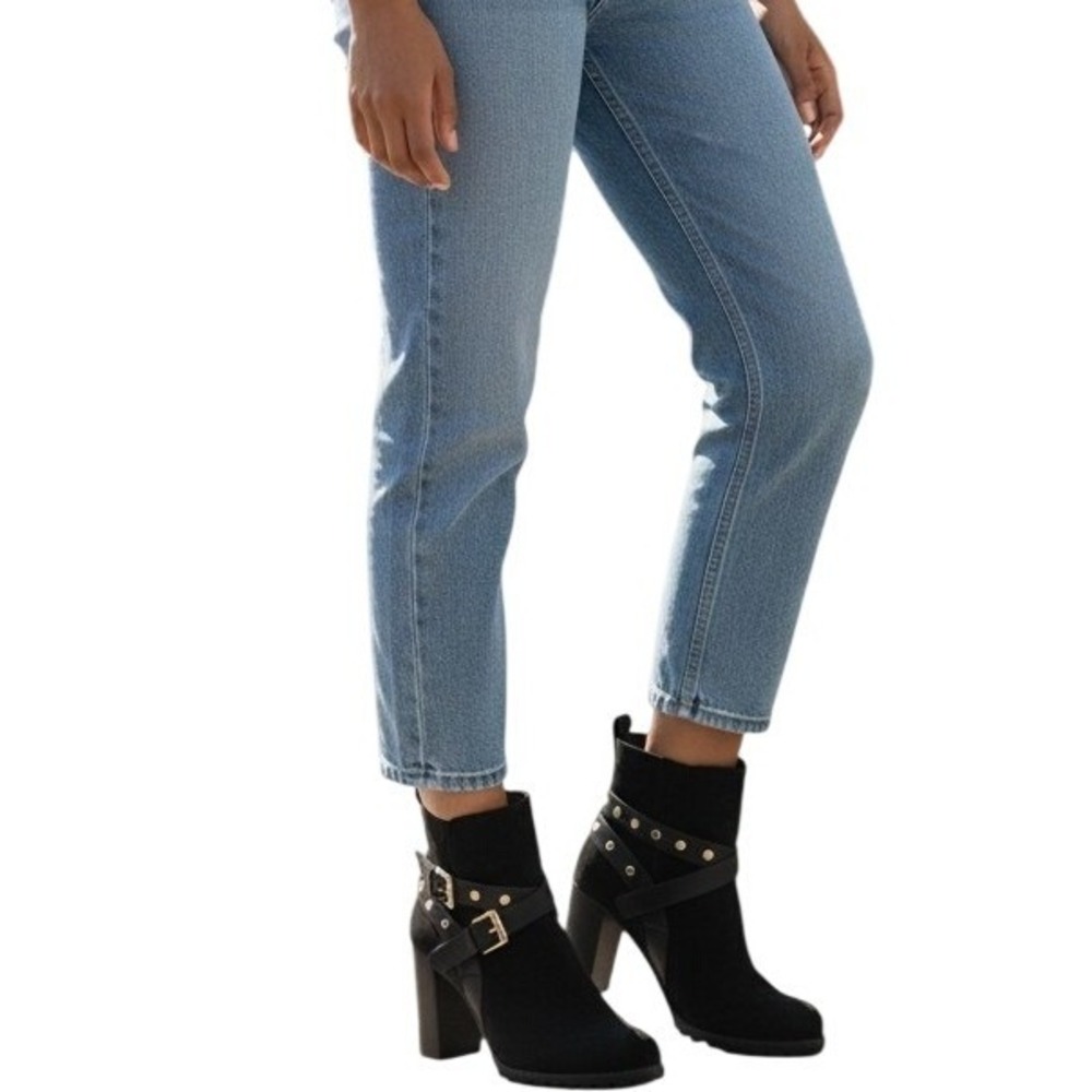 Kohls Manager Black Faux Suede Studded Buckle Block Heel‎ Ankle Boots Womens 6.5